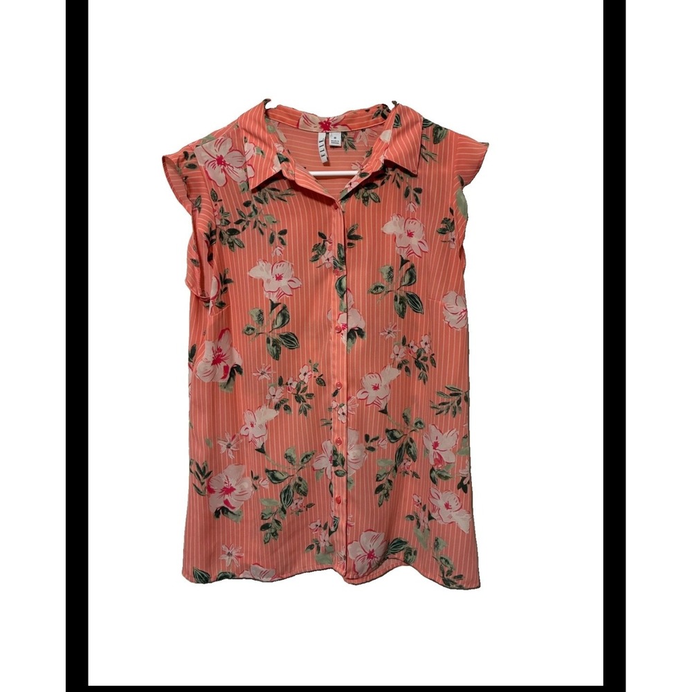 Elle Womens Medium Coral Floral Striped Sleeveless Button Down Ruffle Blouse Top